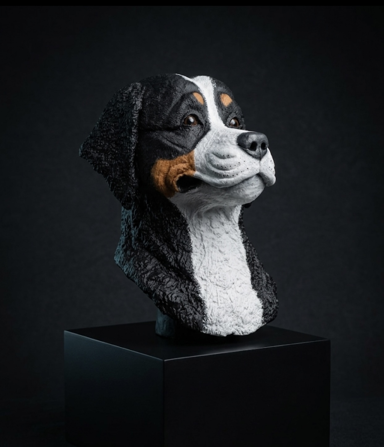 Hand-sculpted clay sculpture of Bród the Bernese mountain dog