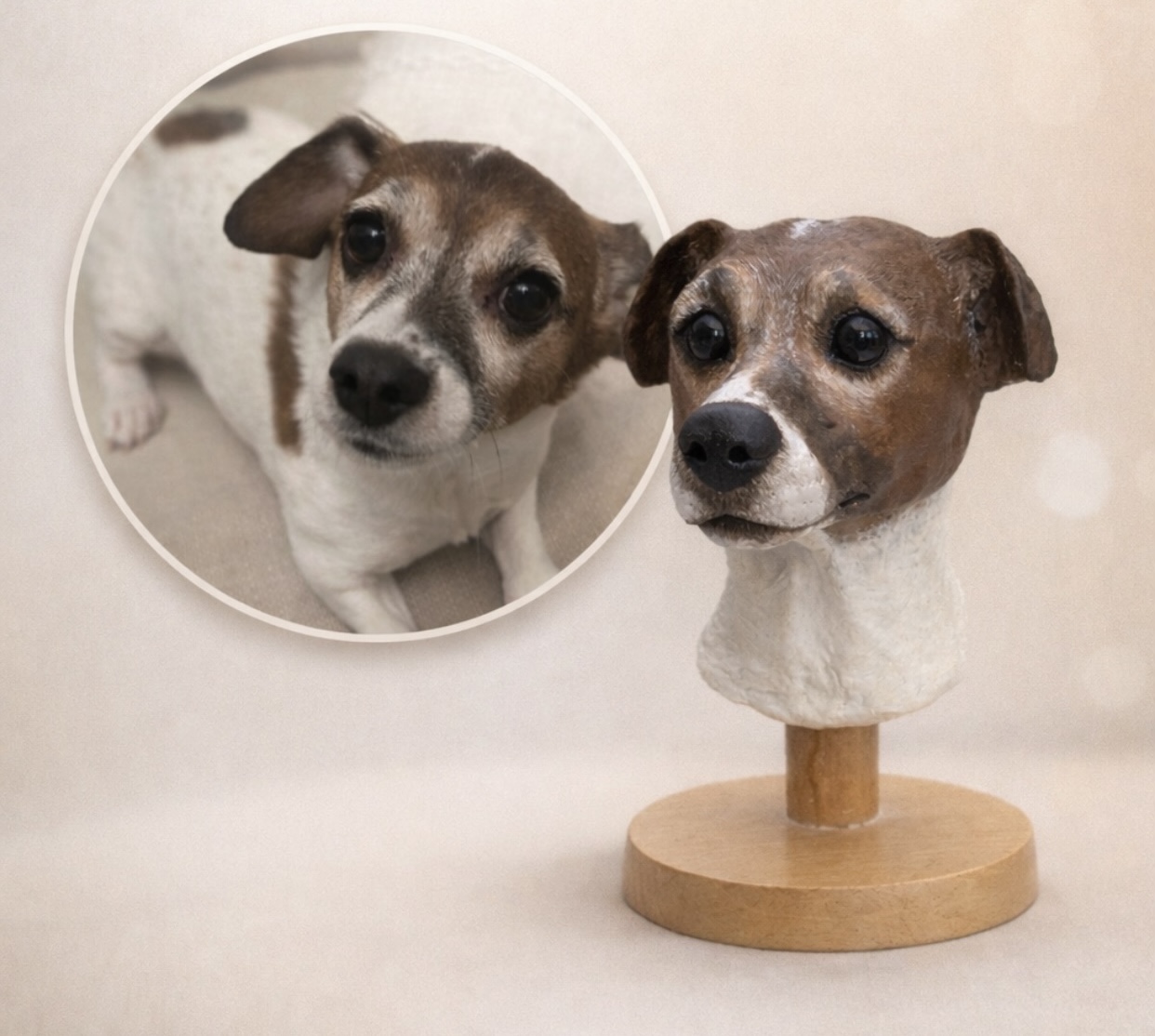 Hand-sculpted clay portrait of Coco the Jack Russell beside reference photo