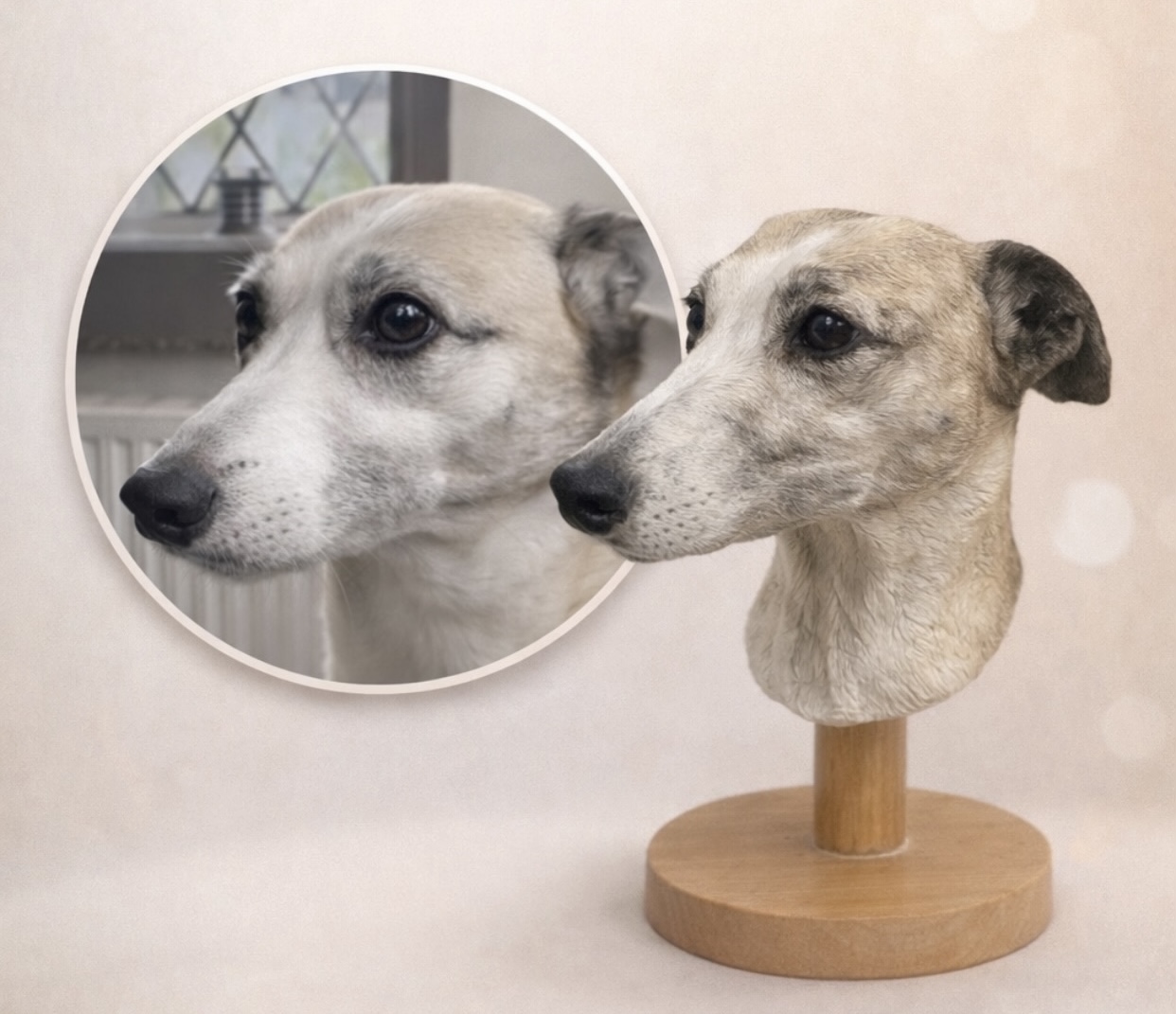 Hand-sculpted clay whippet sculpture of Mishka beside reference photo