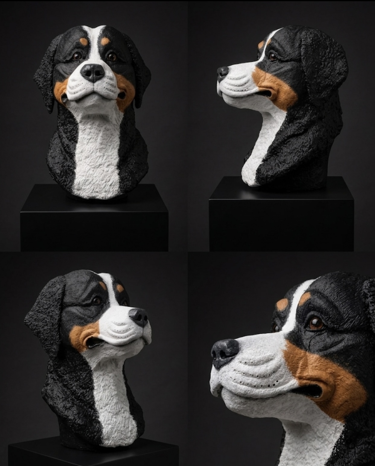 Four-angle view of hand-sculpted clay Bernese mountain dog portrait