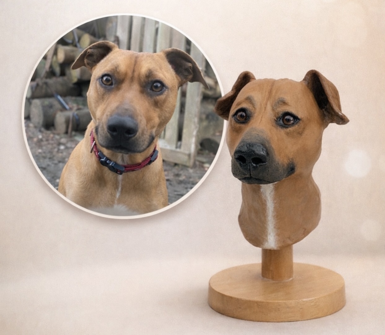 Hand-sculpted clay portrait of Roxy beside reference photo